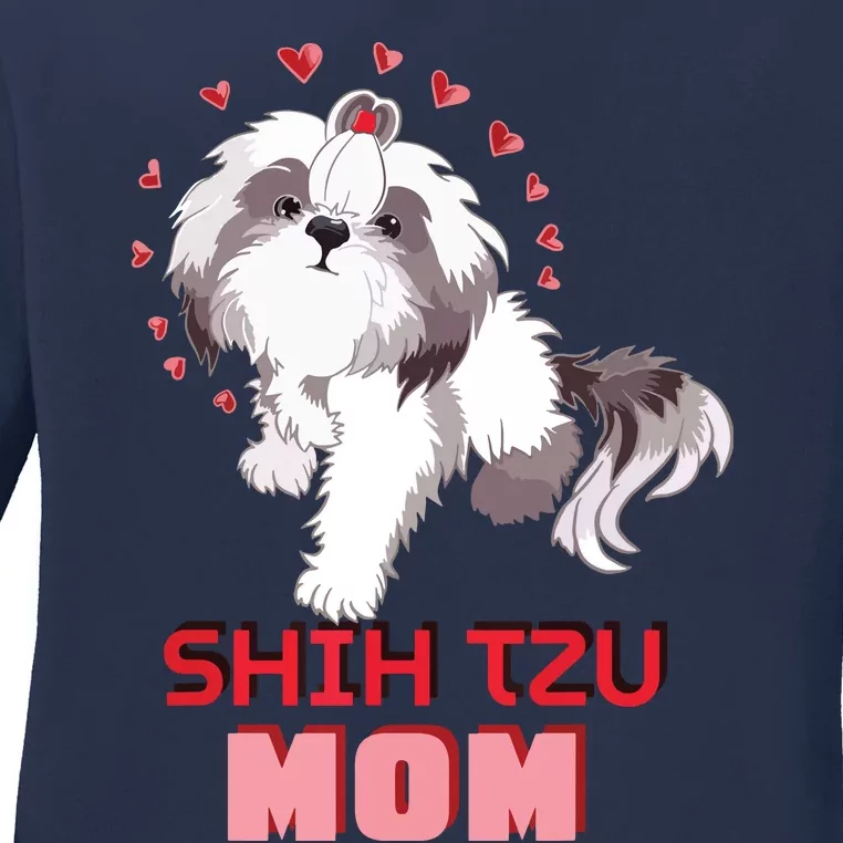 Cute Shih Tzu Mom Lover Illustration For Shih Tzu Dog Owner Ladies Long Sleeve Shirt