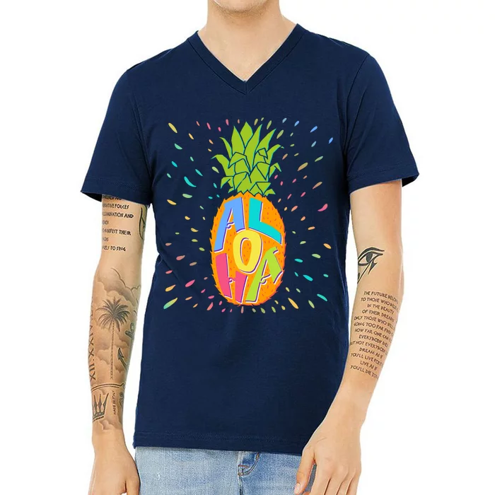 Colorful Summer Time Hawaiian Aloha Pineapple V-Neck T-Shirt