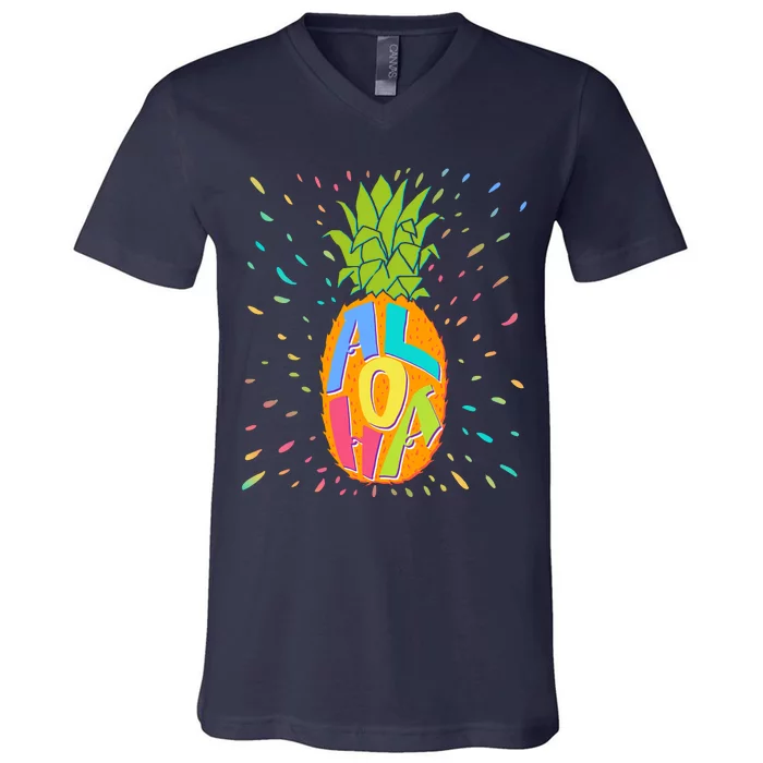 Colorful Summer Time Hawaiian Aloha Pineapple V-Neck T-Shirt