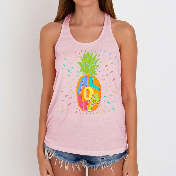 Colorful Summer Time Hawaiian Aloha Pineapple Women's Knotted Racerback Tank