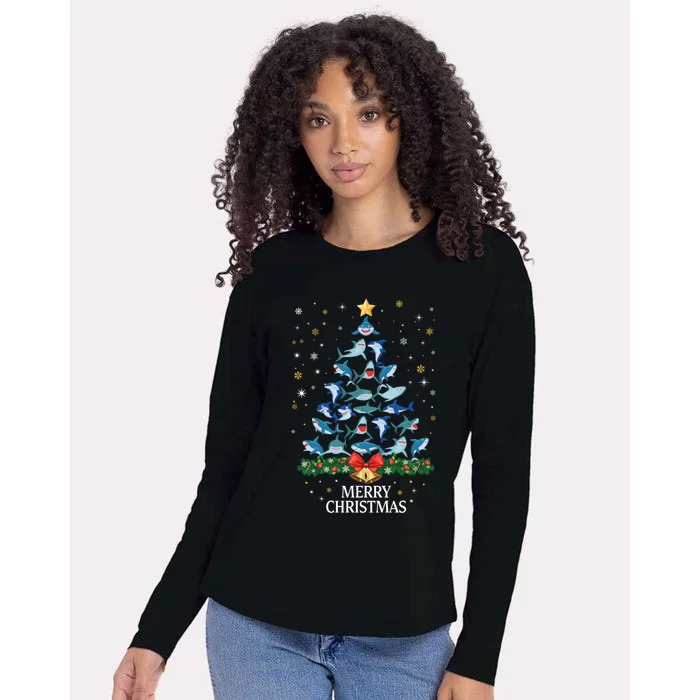 Christmas Shark Tree Design For Boys Girls Shark Xmas Gift Womens Cotton Relaxed Long Sleeve T-Shirt