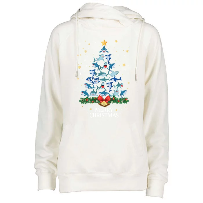 Christmas Shark Tree Design For Boys Girls Shark Xmas Gift Womens Funnel Neck Pullover Hood