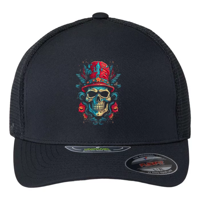 Colorful Skull Top Hat Day Of The Dead Dia De Los Muertos Flexfit Unipanel Trucker Cap