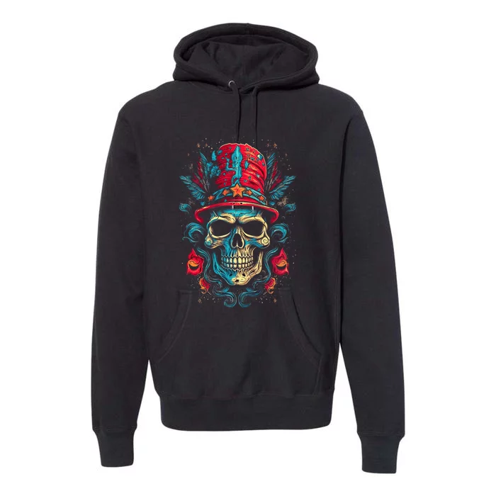 Colorful Skull Top Hat Day Of The Dead Dia De Los Muertos Premium Hoodie