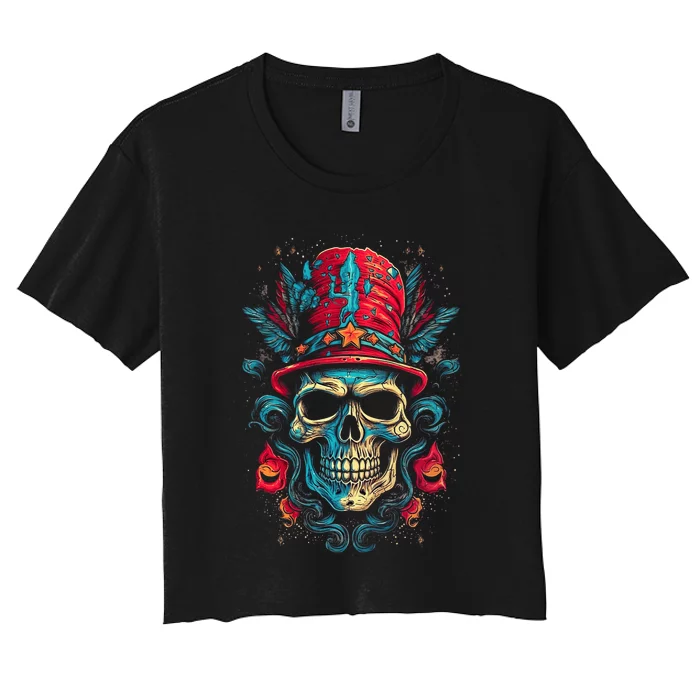 Colorful Skull Top Hat Day Of The Dead Dia De Los Muertos Women's Crop Top Tee