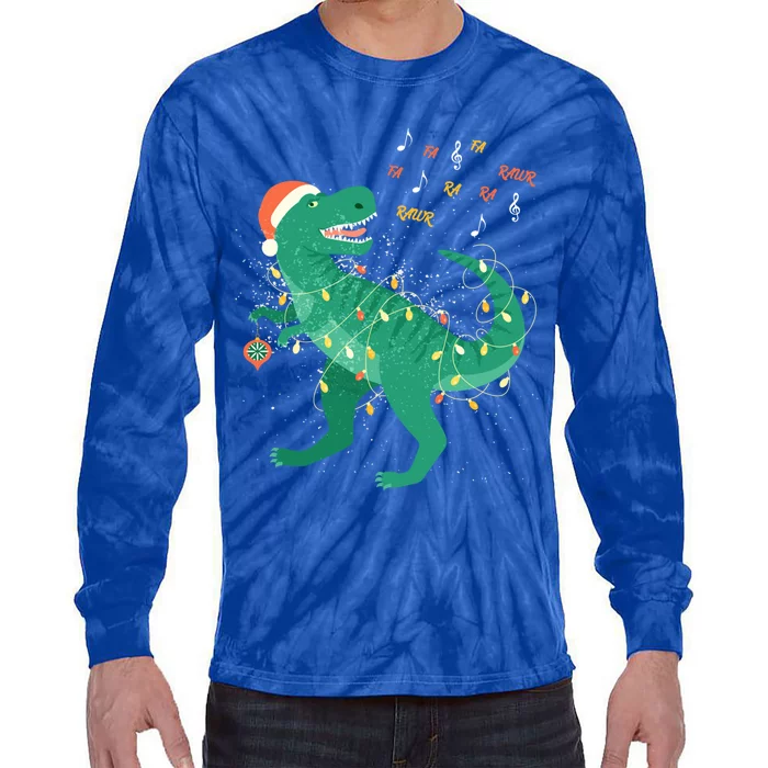 Cute Santa T Rex Singing Fa Ra Ra Rawr Xmas Funny Gift Dino Lover Cute Gift Tie-Dye Long Sleeve Shirt