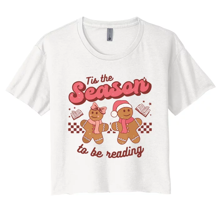 Christmas School Teacher Retro Librarian Groovy Xmas Books Women's Crop Top Tee