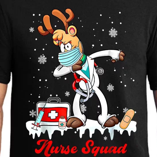 Christmas Scrub Tops Dabbing Reindeer Nurse Squad Funny Gift Pajama Set