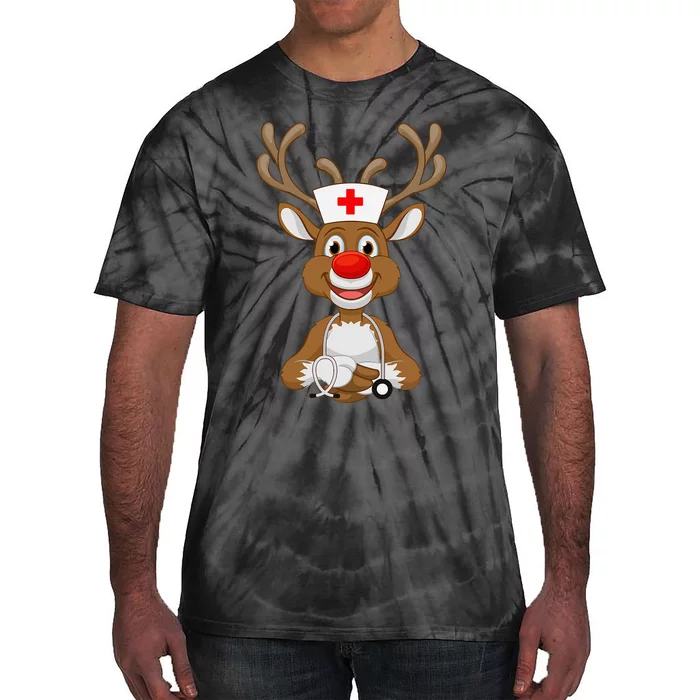 Christmas Scrub Top Reindeer Scrubs Rubber Gloves Nurses Tie-Dye T-Shirt