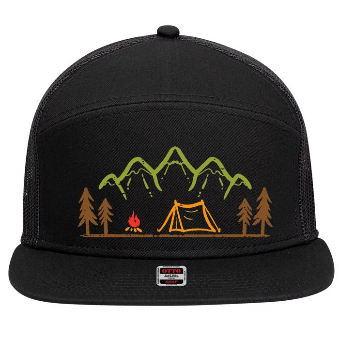 Camping Site Tent Trees Mountain Minimalistic Camp 7 Panel Mesh Trucker Snapback Hat