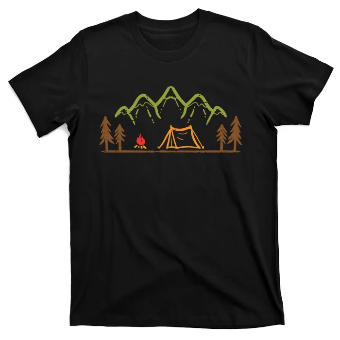 Camping Site Tent Trees Mountain Minimalistic Camp T-Shirt