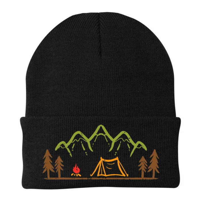 Camping Site Tent Trees Mountain Minimalistic Camp Knit Cap Winter Beanie