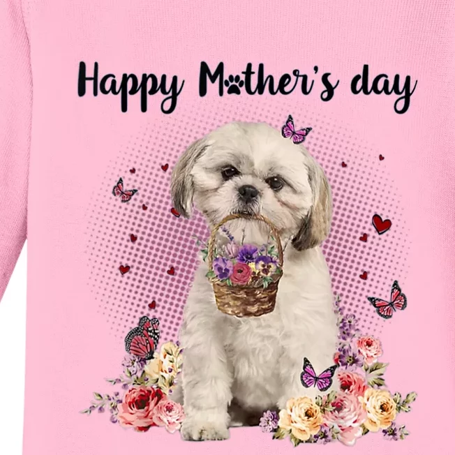 Cute Shih Tzu Mom Flower Happy Mother's Day Love Dog Baby Long Sleeve Bodysuit