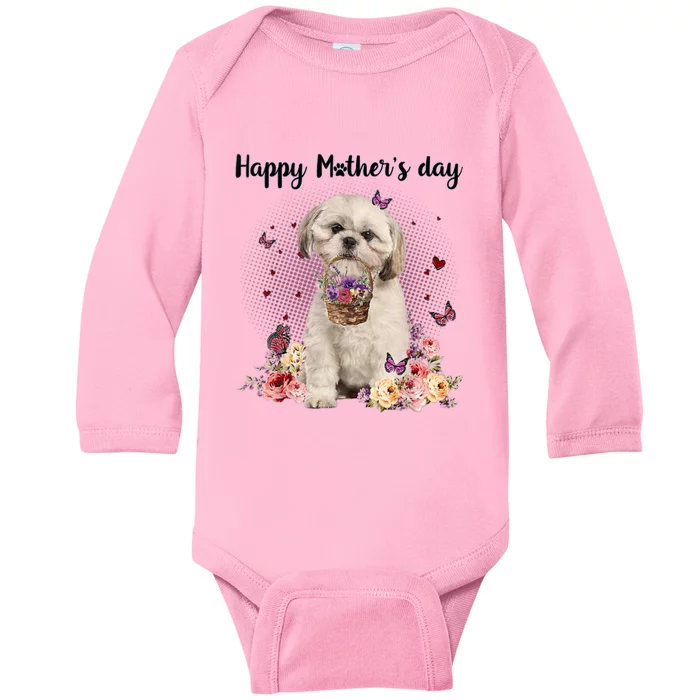 Cute Shih Tzu Mom Flower Happy Mother's Day Love Dog Baby Long Sleeve Bodysuit