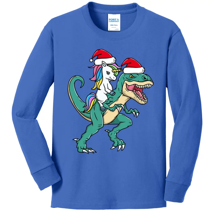 Cute Santa Unicorn Riding Trex Christmas Dinosaur Dino Gift Kids Long Sleeve Shirt