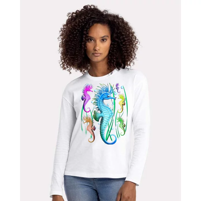 Colorful Seahorses Underwater Womens Cotton Relaxed Long Sleeve T-Shirt