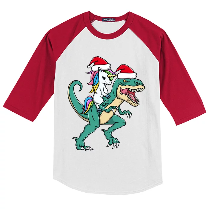 Cute Santa Unicorn Riding Trex Christmas Dinosaur Dino Great Gift Kids Colorblock Raglan Jersey