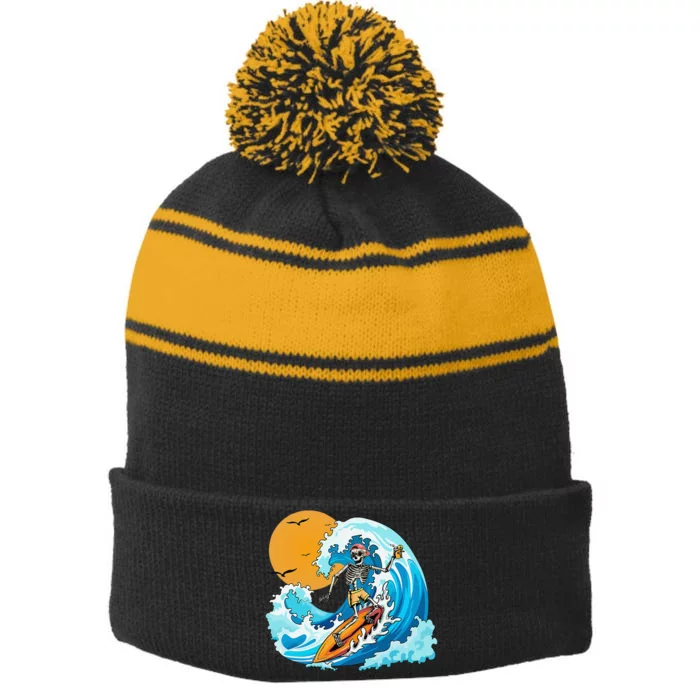 Cool Summer Vacation Skeleton Surfing Hawaii Hawaiian Stripe Pom Pom Beanie