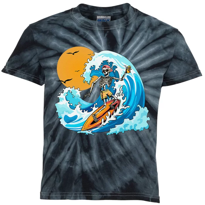 Cool Summer Vacation Skeleton Surfing Hawaii Hawaiian Kids Tie-Dye T-Shirt