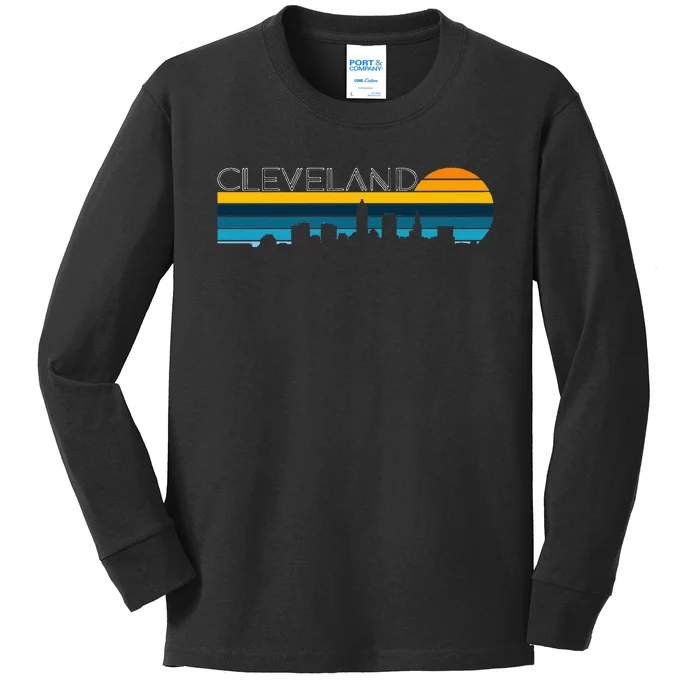 Cleveland Skyline Vintage Retro Sunset Cleveland Cityscape Kids Long Sleeve Shirt