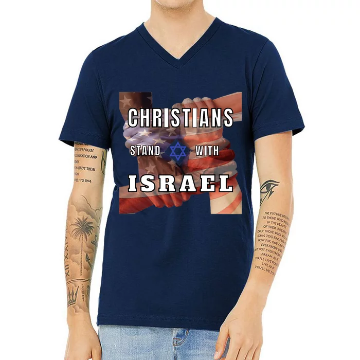 Christians Stand With Israel Amercan Flag Patriotic V-Neck T-Shirt