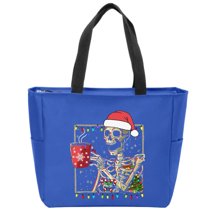 Christmas Skeleton With Smiling Skull Drinking Coffee Latte Cute Zip Tote Bag