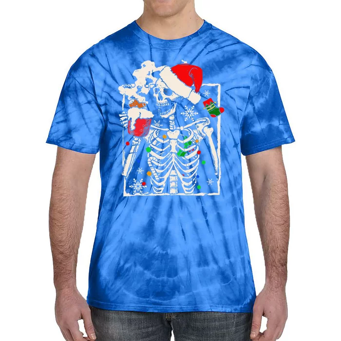 Christmas Skeleton With Smiling Skull Drinking Coffee Latte Gift Tie-Dye T-Shirt