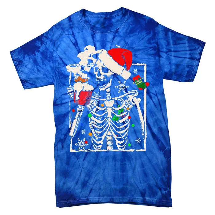 Christmas Skeleton With Smiling Skull Drinking Coffee Latte Gift Tie-Dye T-Shirt