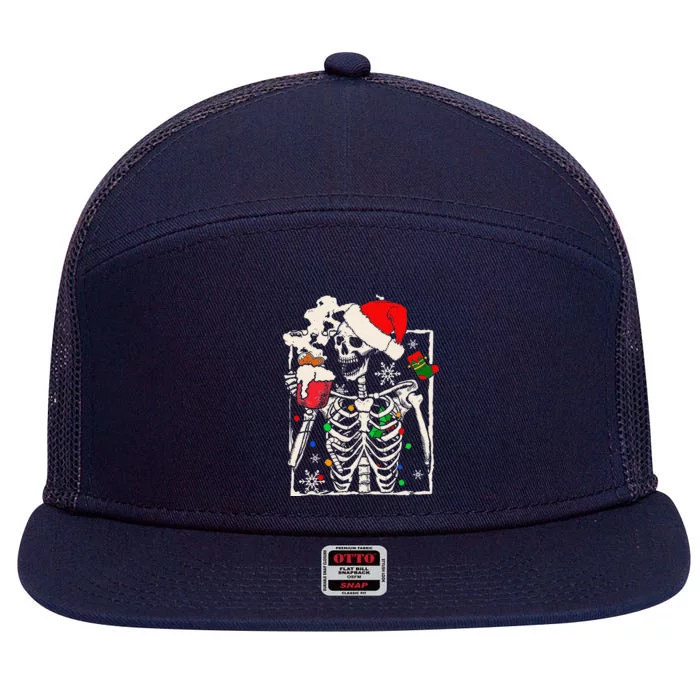 Christmas Skeleton With Smiling Skull Drinking Coffee Latte Gift 7 Panel Mesh Trucker Snapback Hat