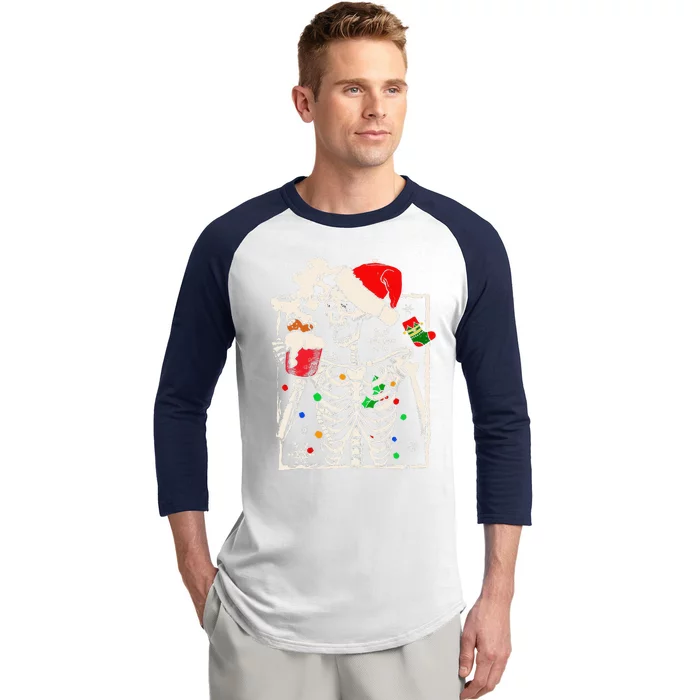 Christmas Skeleton With Smiling Skull Drinking Coffee Latte Gift Baseball Sleeve Shirt