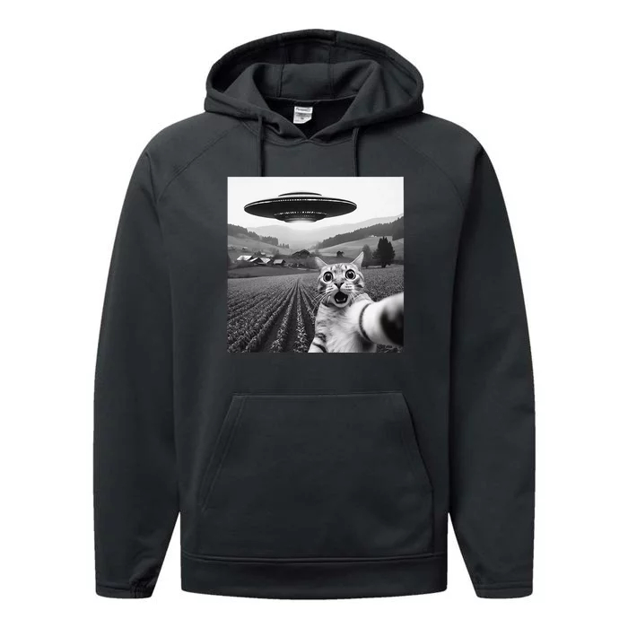 Cat Selfie With Alien Ufo Funny Cat Gifts Performance Fleece Hoodie