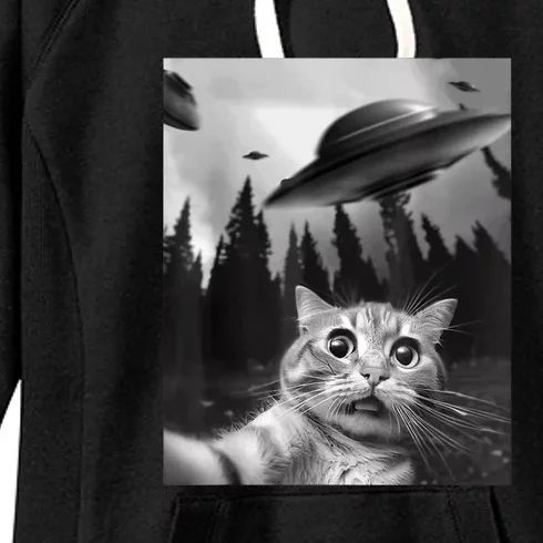 Cat Selfie With Alien UFO Funny Cat Lovers Spaceship Gift Women's Fleece Hoodie