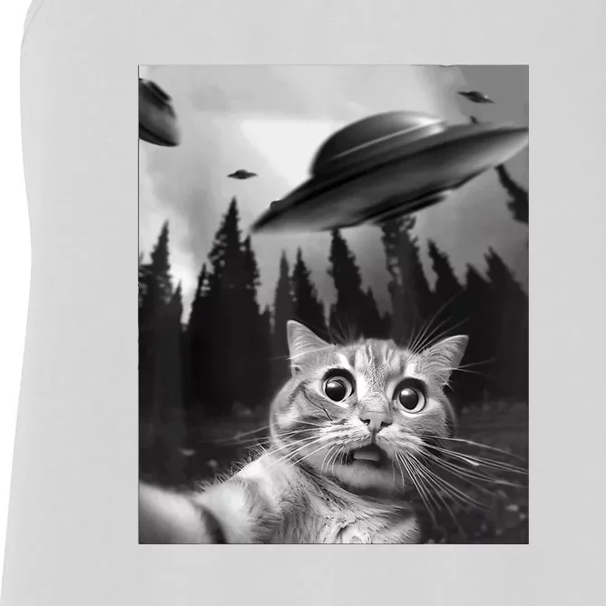 Cat Selfie With Alien UFO Funny Cat Lovers Spaceship Gift Women's Racerback Tank