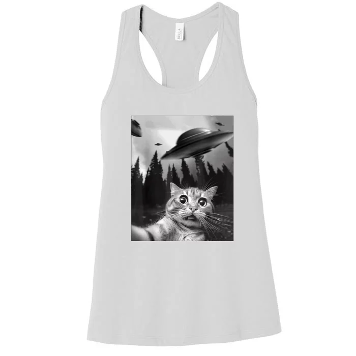 Cat Selfie With Alien UFO Funny Cat Lovers Spaceship Gift Women's Racerback Tank