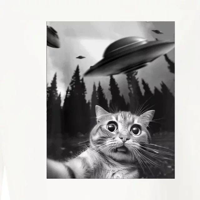 Cat Selfie With Alien UFO Funny Cat Lovers Spaceship Gift Cropped Pullover Crew