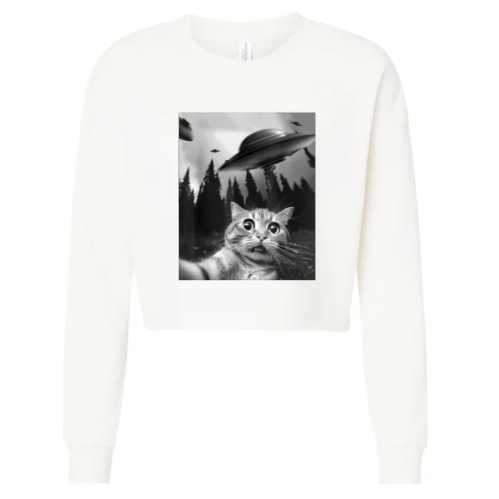 Cat Selfie With Alien UFO Funny Cat Lovers Spaceship Gift Cropped Pullover Crew