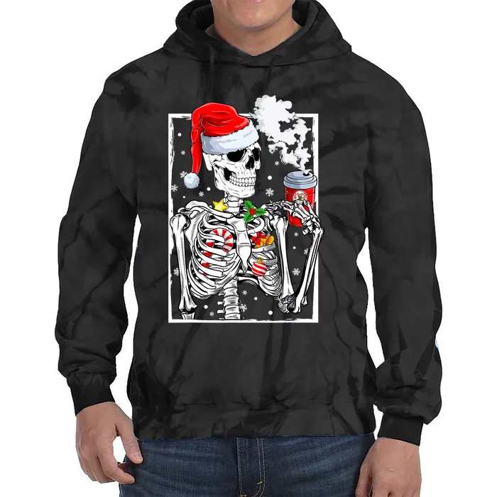 Christmas Skeleton With Smiling Skull Drinking Coffee Latte Tie Dye Hoodie