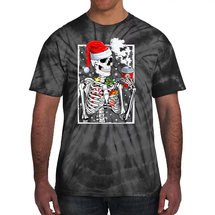 Christmas Skeleton With Smiling Skull Drinking Coffee Latte Tie-Dye T-Shirt