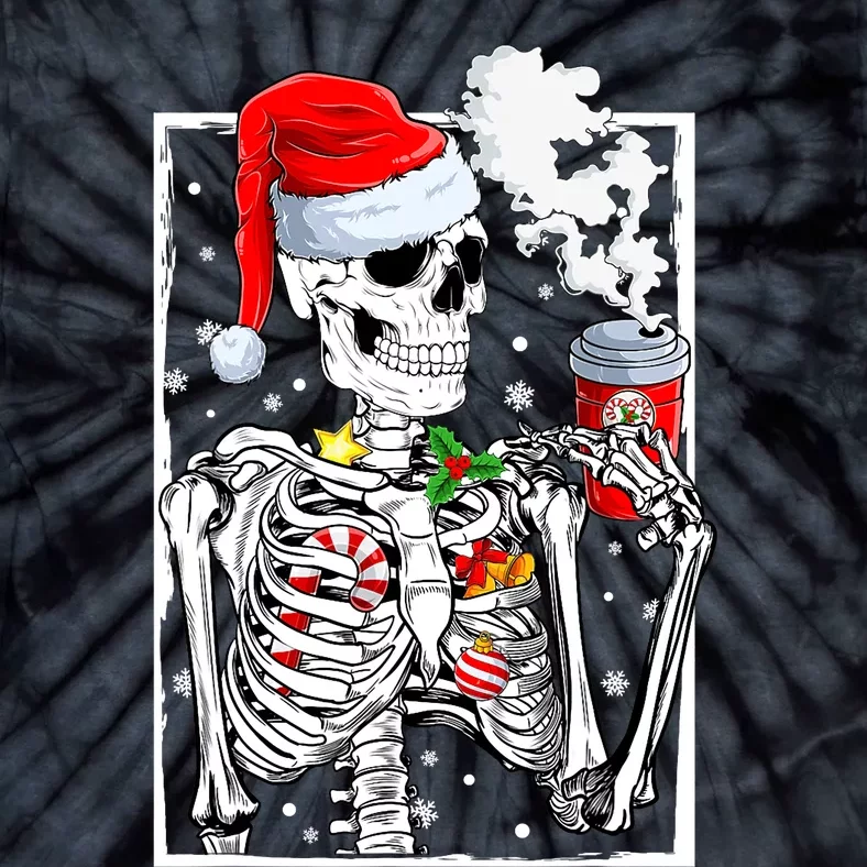 Christmas Skeleton With Smiling Skull Drinking Coffee Latte Tie-Dye T-Shirt