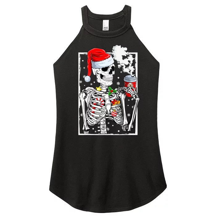 Christmas Skeleton With Smiling Skull Drinking Coffee Latte Women’s Perfect Tri Rocker Tank