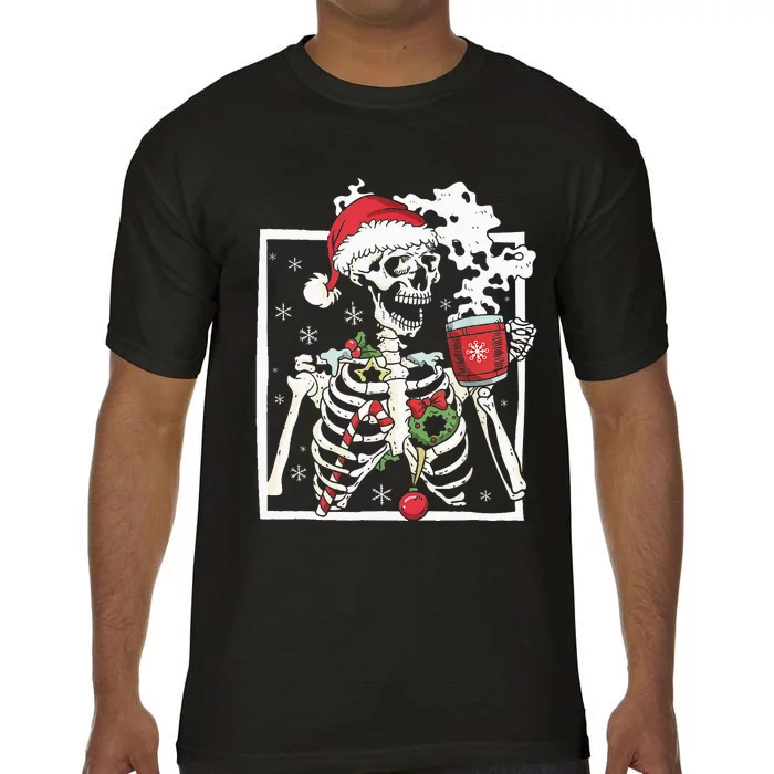 Christmas Skeleton With Smiling Skull Drinking Coffee Latte Comfort Colors T-Shirt