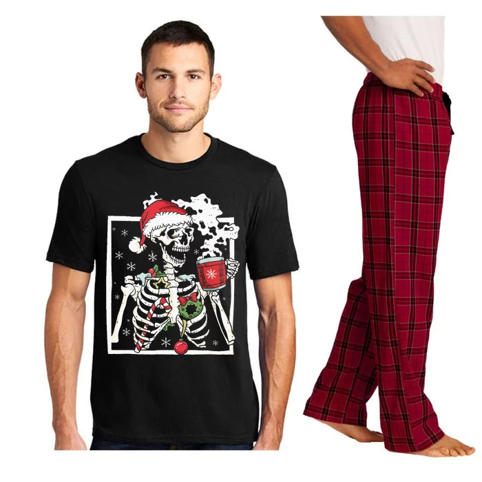 Christmas Skeleton With Smiling Skull Drinking Coffee Latte Pajama Set