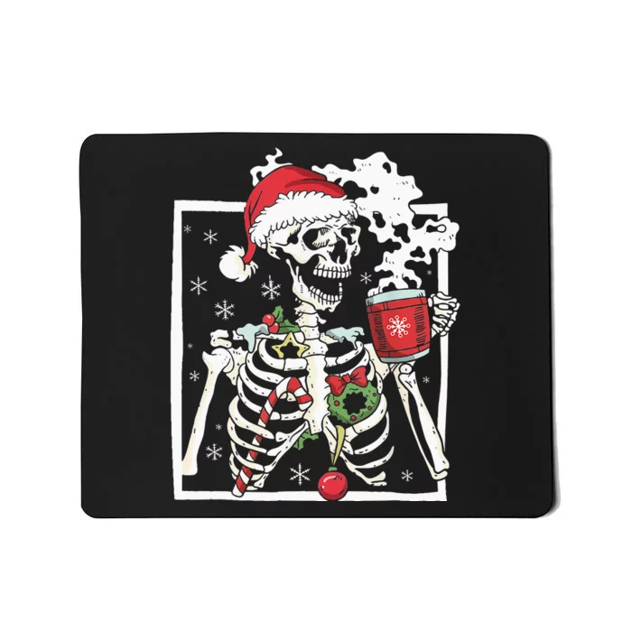 Christmas Skeleton With Smiling Skull Drinking Coffee Latte Mousepad