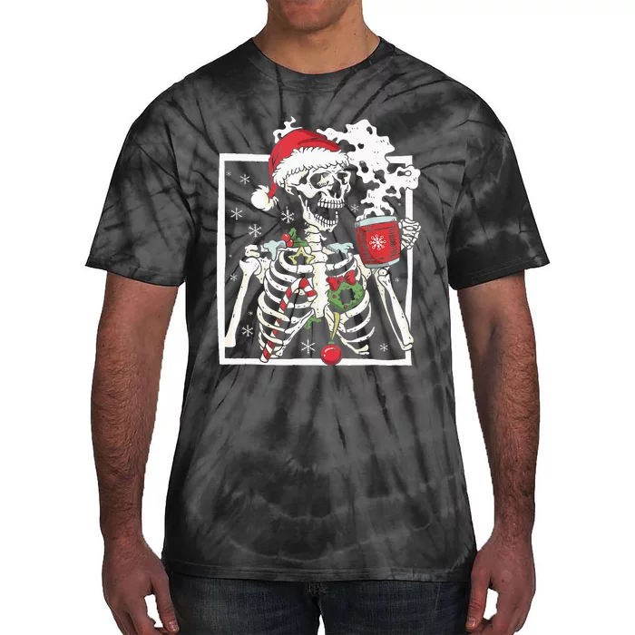 Christmas Skeleton With Smiling Skull Drinking Coffee Latte Tie-Dye T-Shirt