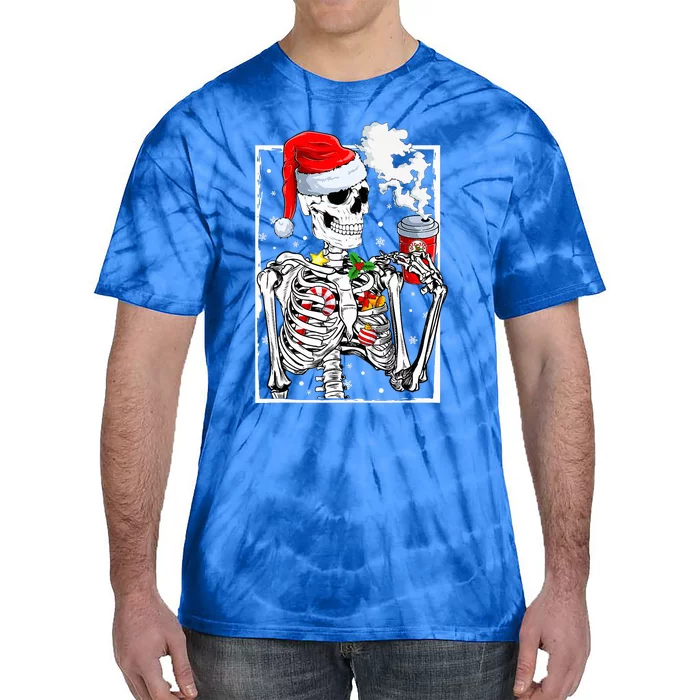 Christmas Skeleton With Smiling Skull Drinking Coffee Latte Tie-Dye T-Shirt