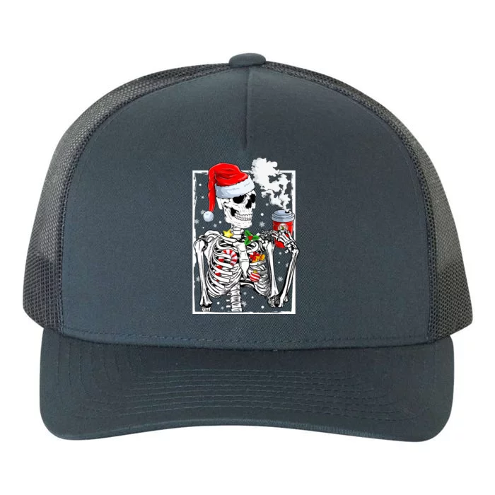 Christmas Skeleton With Smiling Skull Drinking Coffee Latte Yupoong Adult 5-Panel Trucker Hat