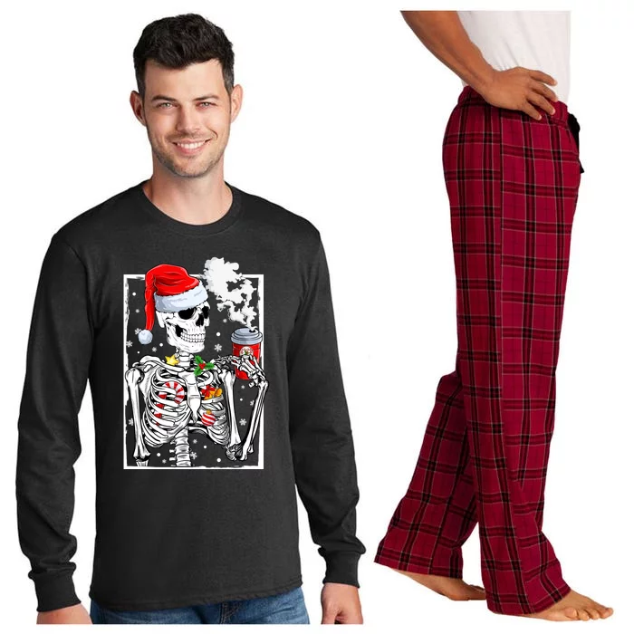 Christmas Skeleton With Smiling Skull Drinking Coffee Latte Long Sleeve Pajama Set