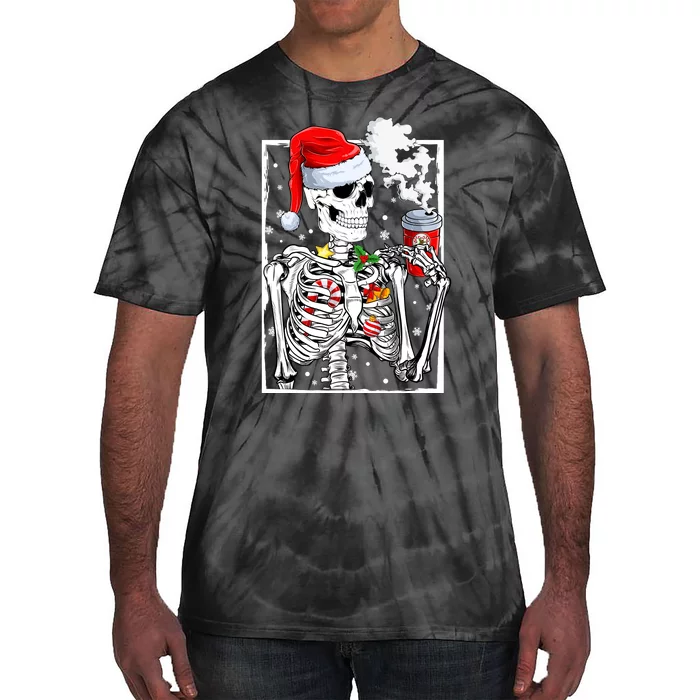 Christmas Skeleton With Smiling Skull Drinking Coffee Latte Tie-Dye T-Shirt