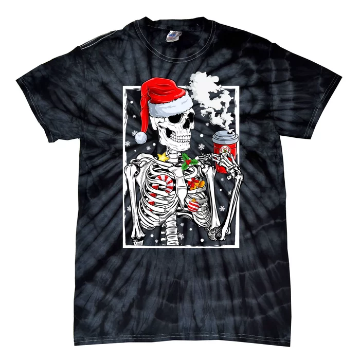 Christmas Skeleton With Smiling Skull Drinking Coffee Latte Tie-Dye T-Shirt