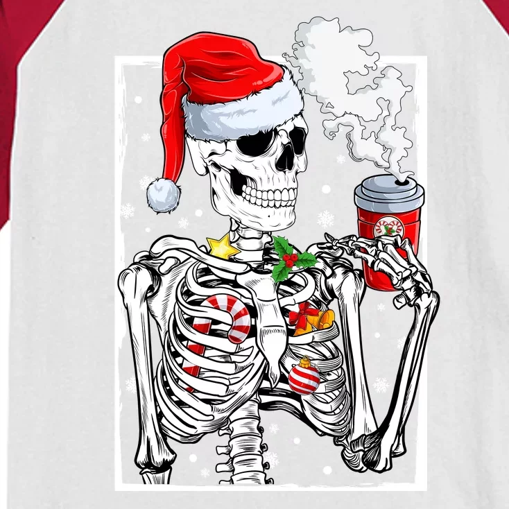 Christmas Skeleton With Smiling Skull Drinking Coffee Latte Kids Colorblock Raglan Jersey